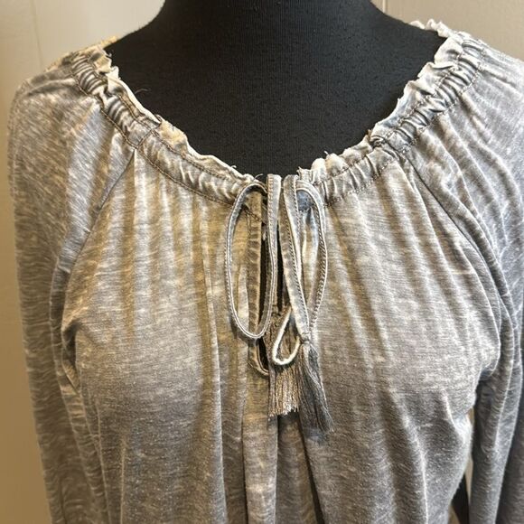JAG greystone burnout tassel drawstring raw edge neckline/cuffs long sleeve top - Picture 2 of 6